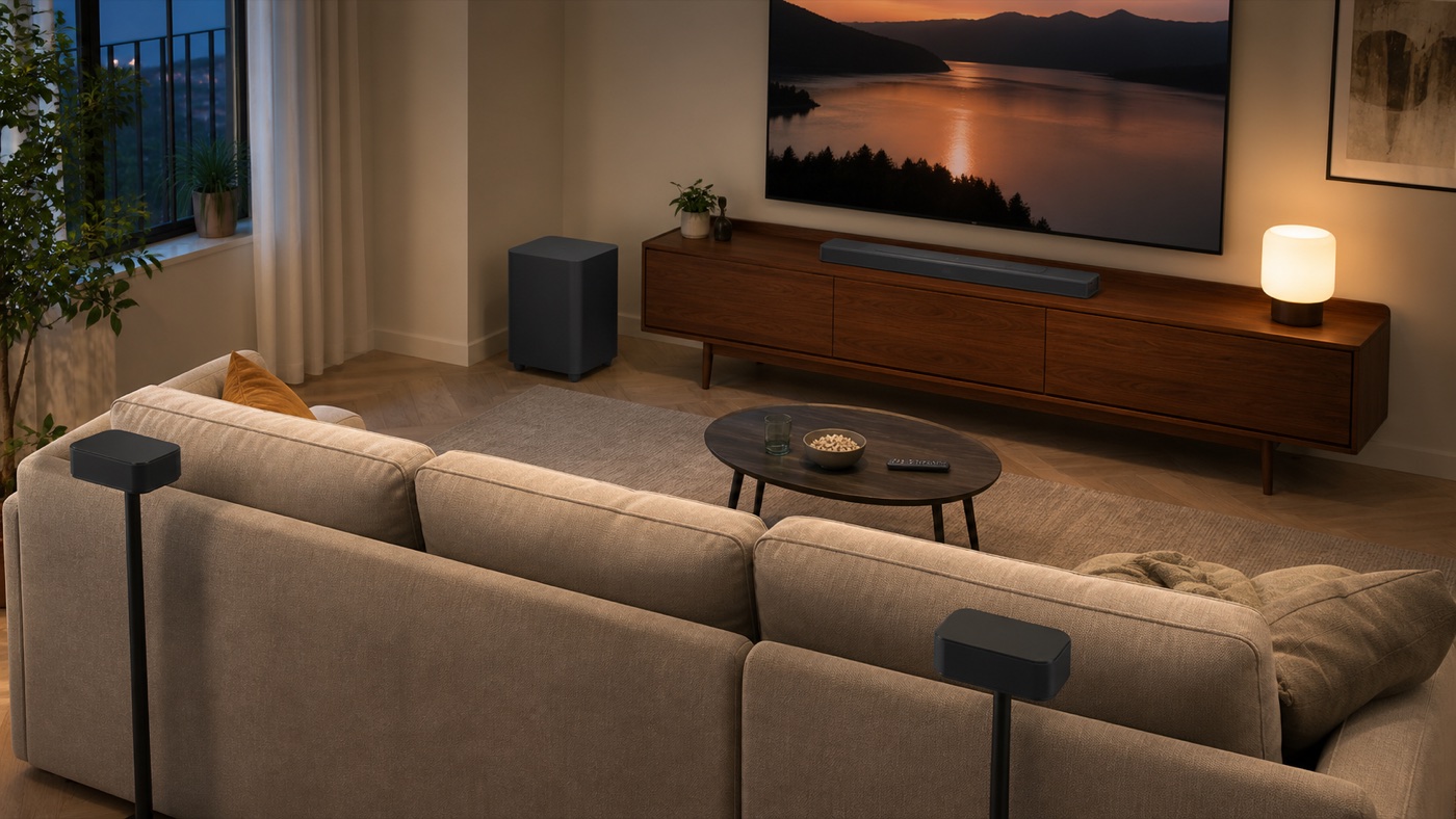 Visualización realista del JBL Bar 1000 instalado con subwoofer y módulos traseros desmontables