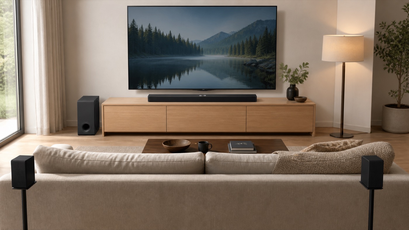 Visualización realista del LG S90TR instalado con barra, subwoofer y dos altavoces traseros
