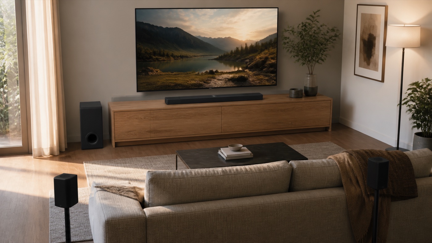 Visualización realista del LG S95TR instalado con barra, subwoofer y dos altavoces traseros