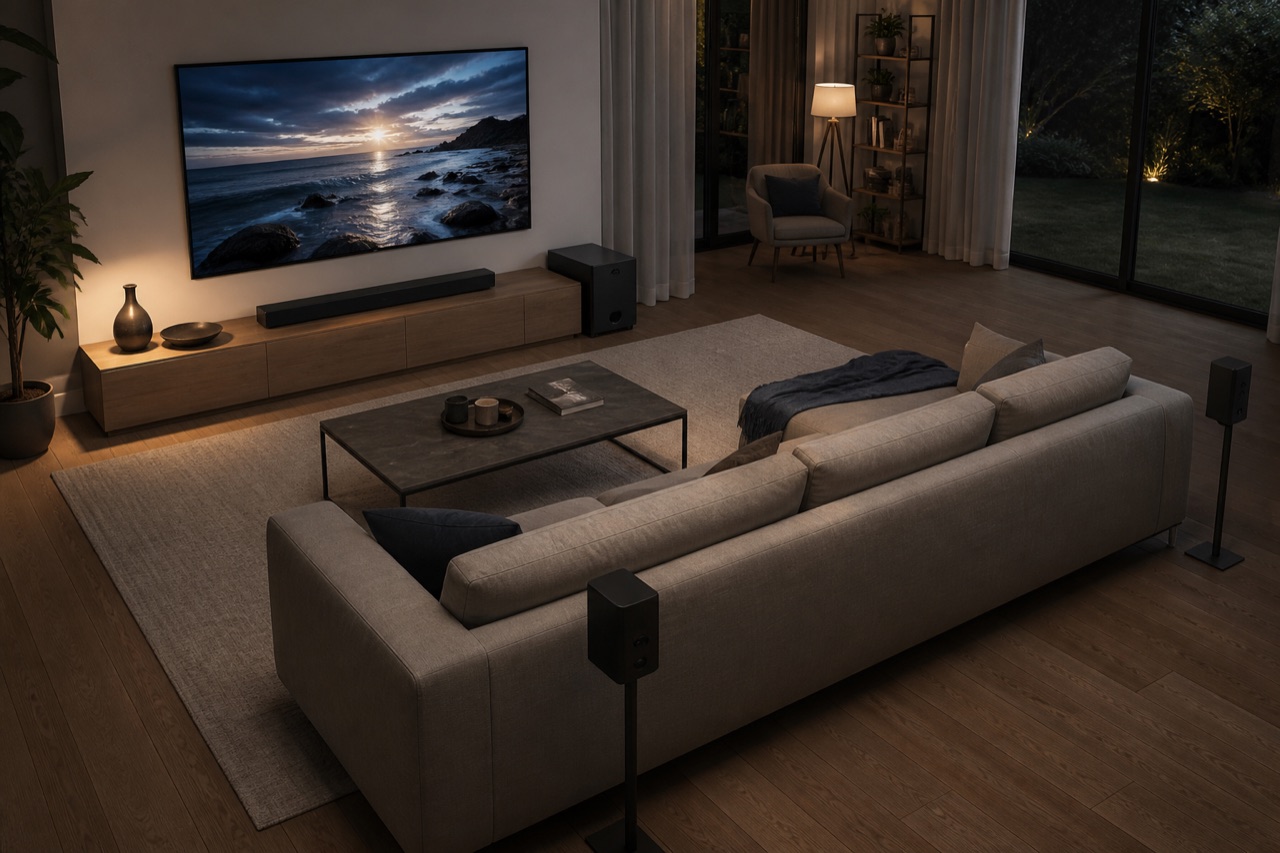 Ejemplo editorial de instalación en salón grande con subwoofer y altavoces traseros