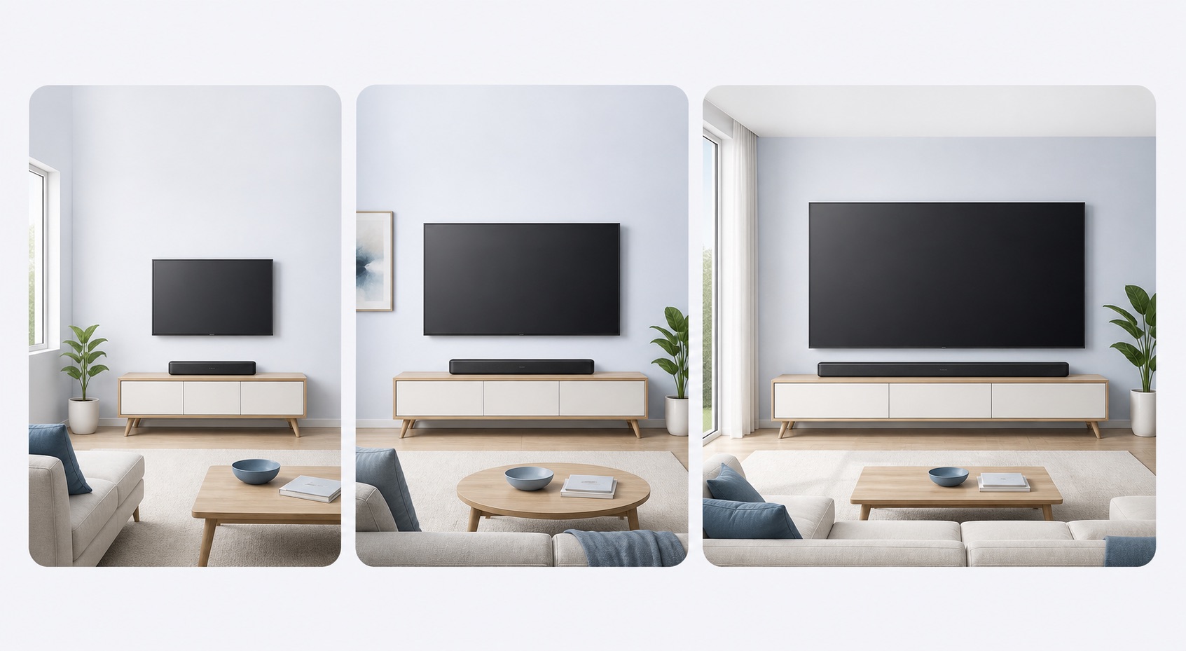Tres instalaciones proporcionadas para televisores pequeños, medianos y grandes